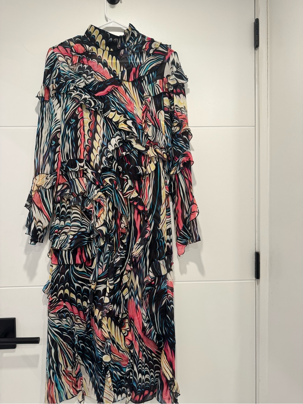 MARY KATRANTZOU Black Multicolor Ruffle-Detail Long Sleeve Maxi Dress